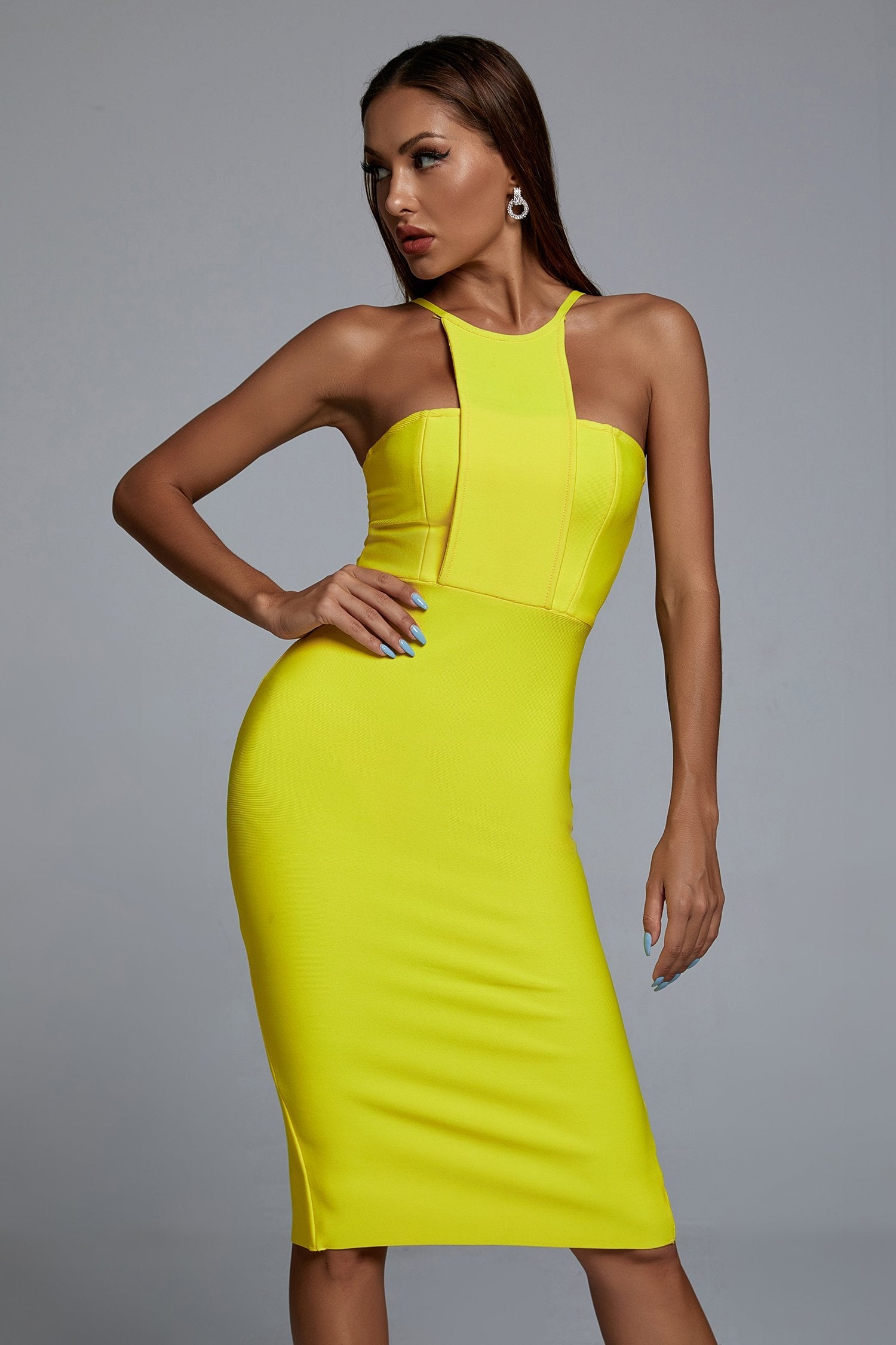 Irana Yellow Midi Bandage Dress - Bellabarnett