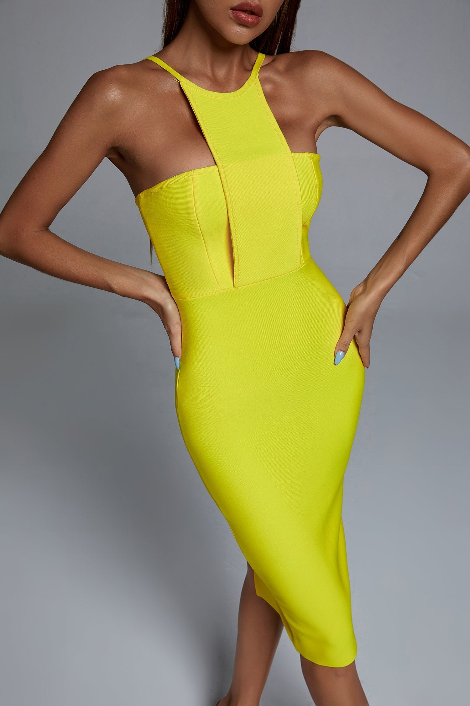 Irana Yellow Midi Bandage Dress - Bellabarnett