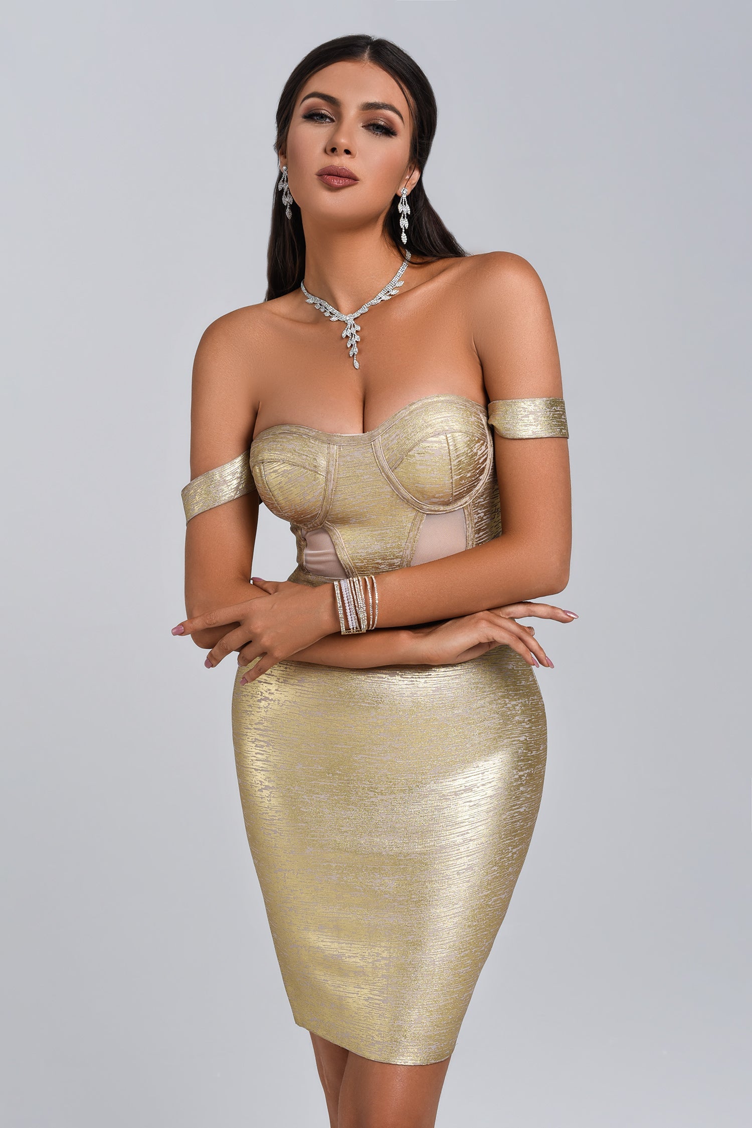 Sakari Off Shoulder Metallisch Cocktail-Kleid - Gold