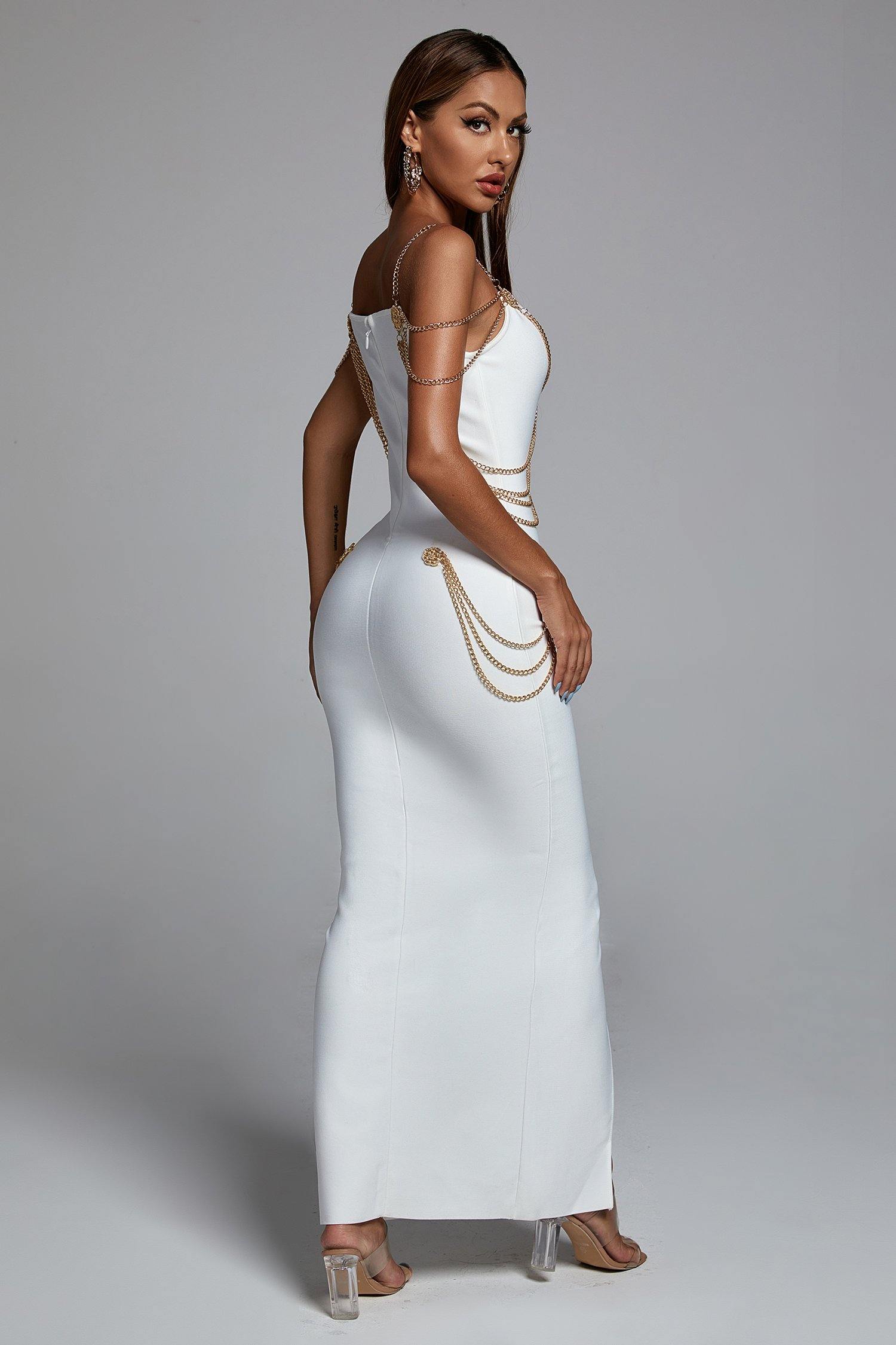 Sakina Metal Embellishment Maxi Dress-White - Bellabarnett