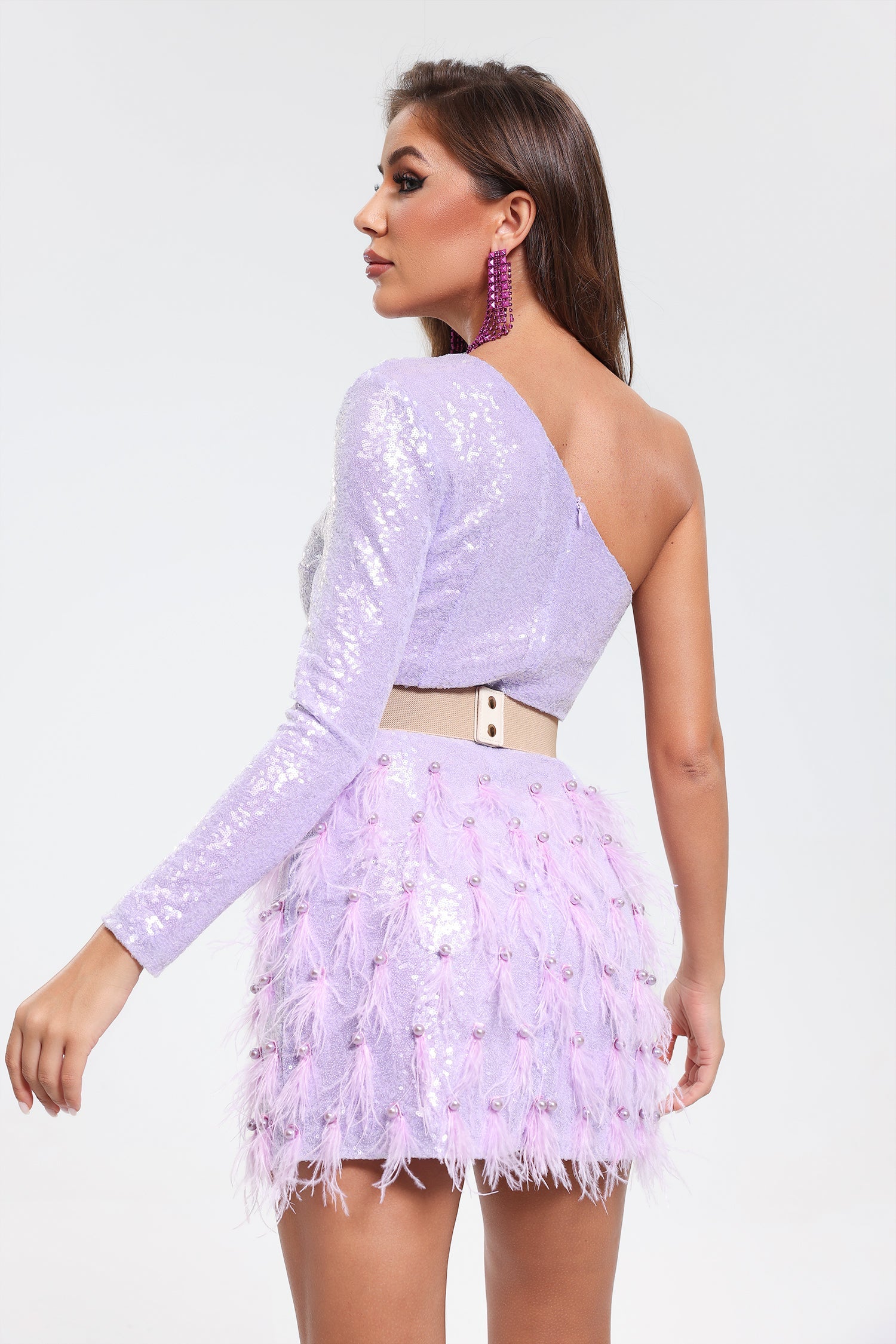 Satu One Shoulder Sequins Dress - Purple