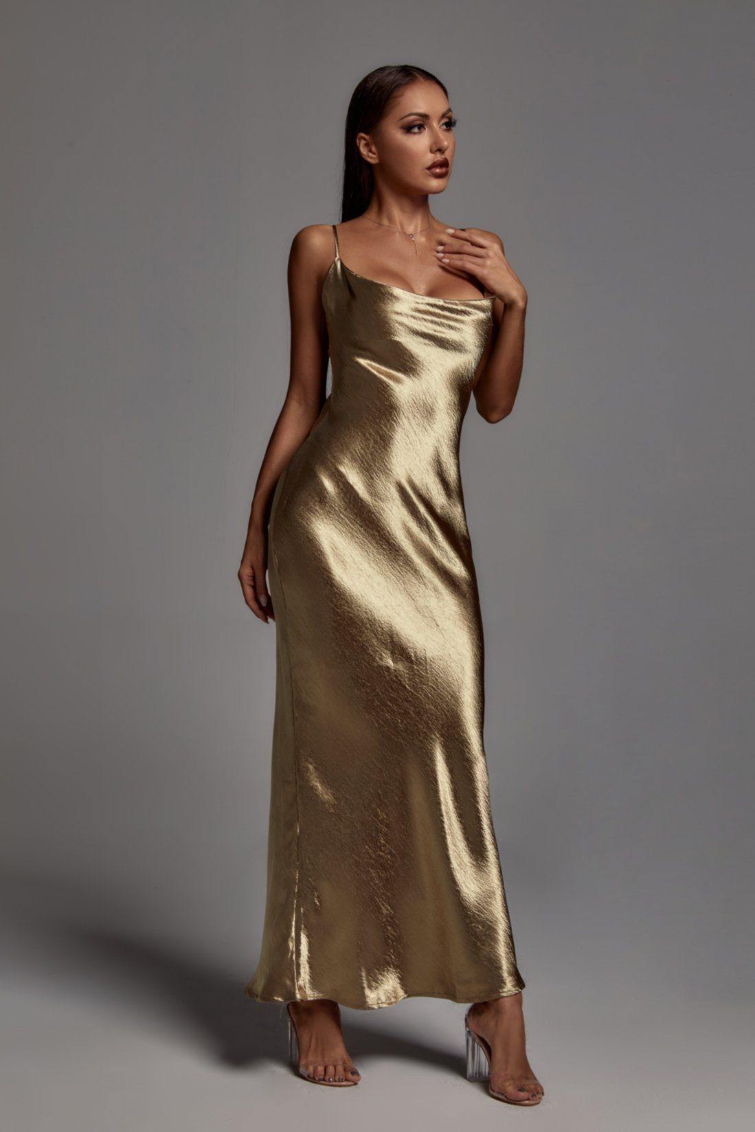 Emily Metallic Gold Maxi Dress - Bellabarnett
