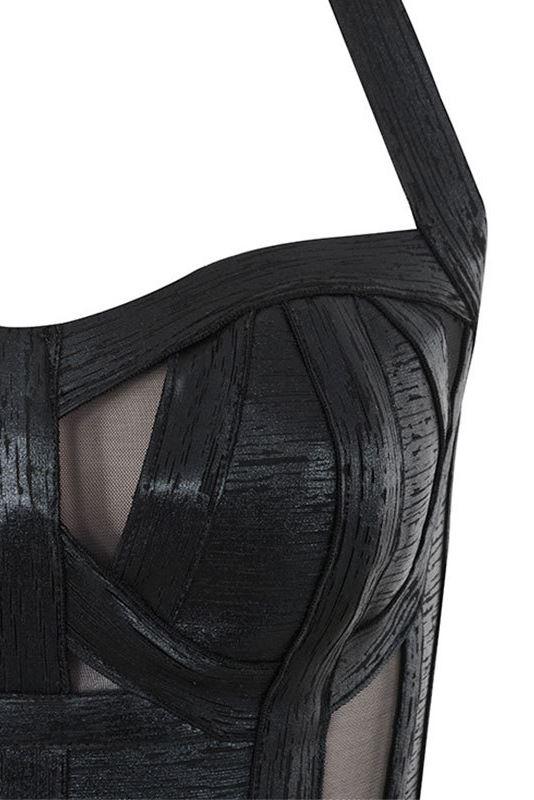 Halter Black Metallic Bandage Dress - Black - Bellabarnett
