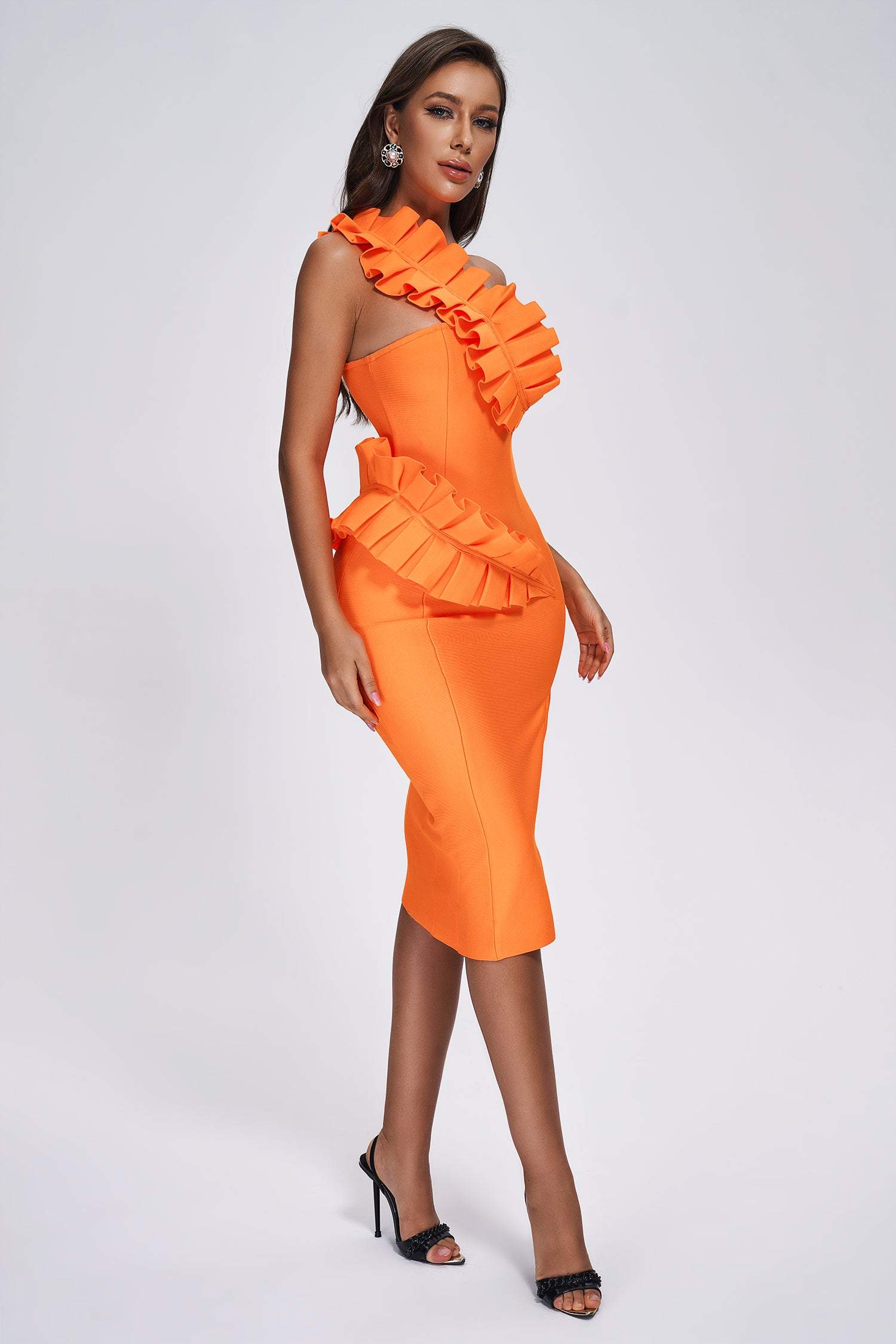 Shailee One Shoulder Midi Bandage Kleid - Orange